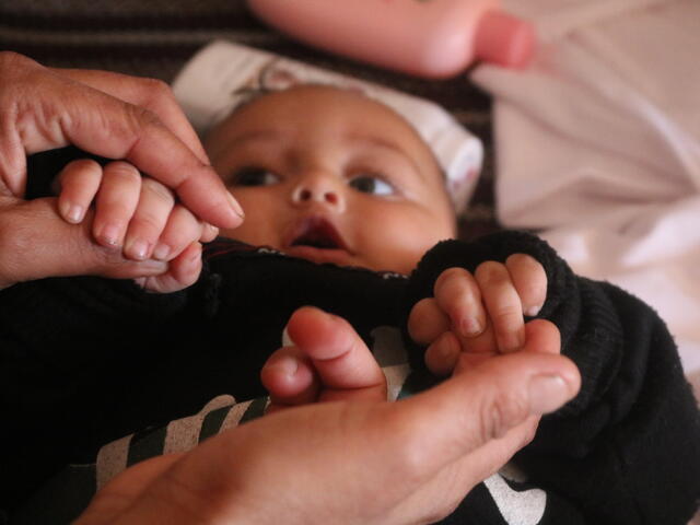 The IRC provided Suha with a newborn kit which she said helped her to care for her four-month-old baby, Samer.