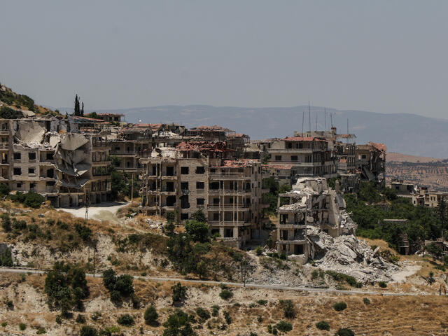 Destroyed buildings in Ariha, a city in Idlib province, Syria.