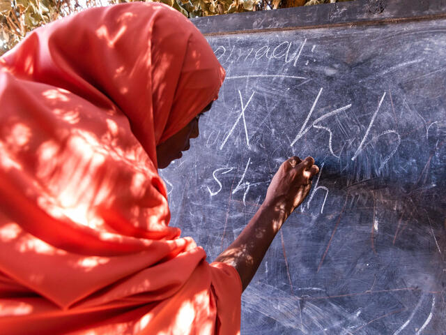Misra in front of a blackboard while teaching her students