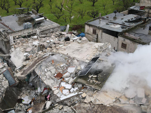 Photo showing collapsed buildings amidst of February 2023's earthquake in Turkey and Syria