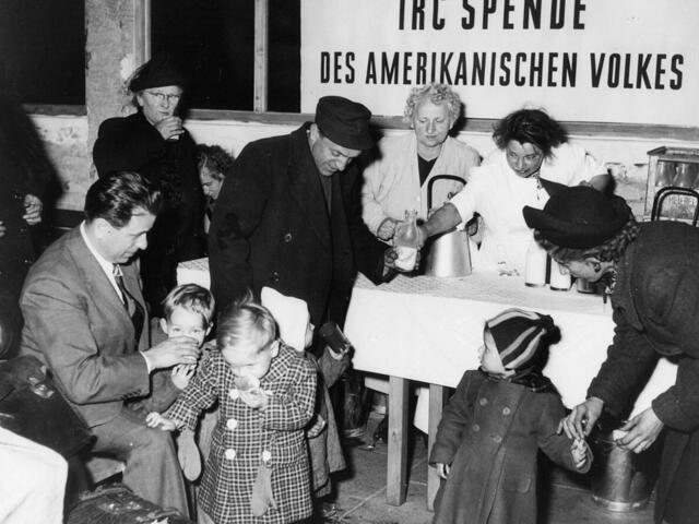 Carel Sternberg, former IRC executive director, visits a food distribution centre in Berlin in 1945.