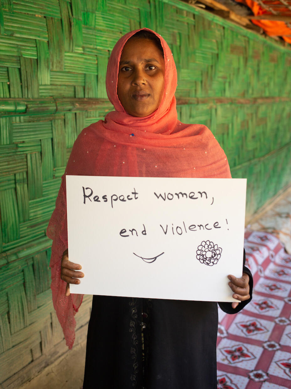Rohingya woman, Julekha 35 years old, holds her demand for women around the world. "We need sessions in the community to stop domestic violence. 