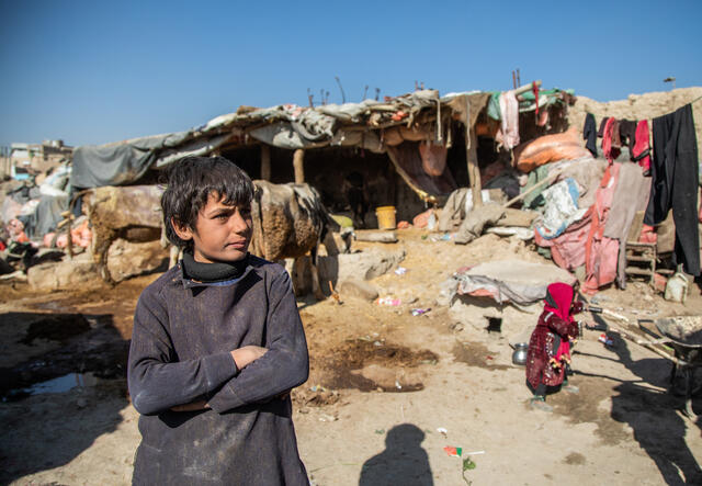 A boy, living in Ghaibi Bala camp in Kabul, Afghanistan, looks on as his mother is interviewed by IRC staff to see if she meets the criteria to receive a cash distribution. His family feels the effect of Afghanistan's economic isolation firsthand.