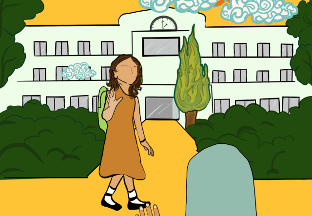 Illustration of Mojdeh dropping her daughter off at school