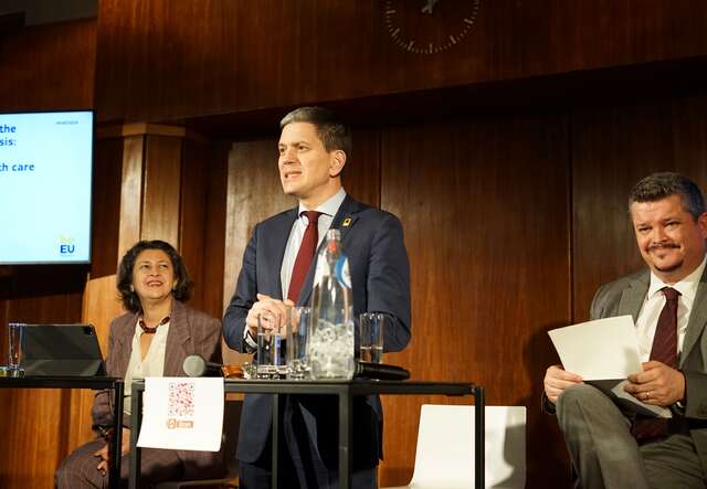 IRC President and CEO David Miliband hosting the IRC's humanitarian talk on child malnutrition at the 2024 European Humanitarian Forum