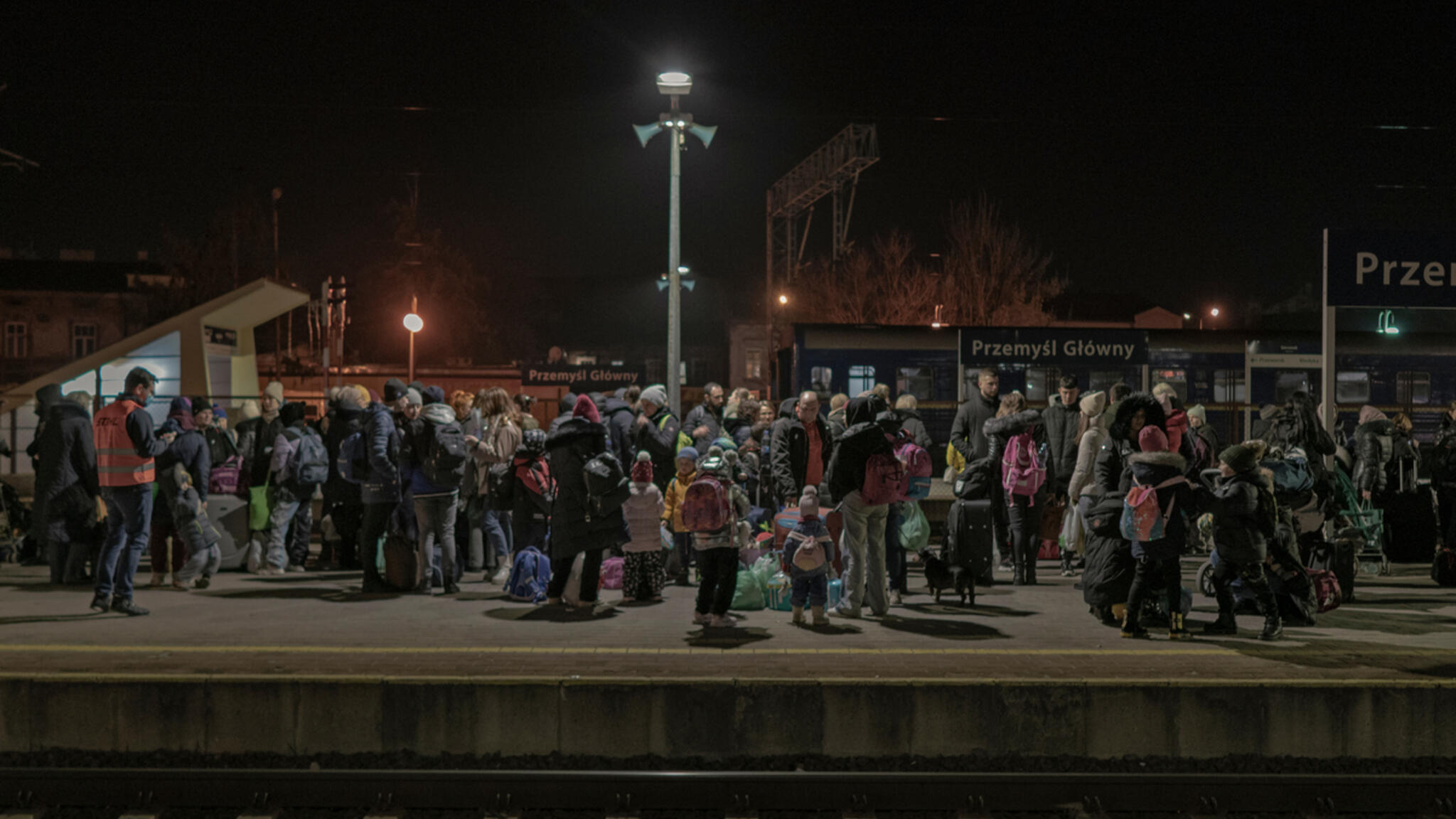Ukrainian refugees gather at Przemysl railway station